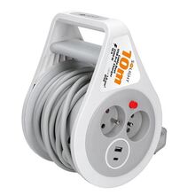 Prodlužovací přívod na bubnu 10m, USB A+C, 
2 zásuvky, šedý kabel, 3x 1,0mm2 PB25C