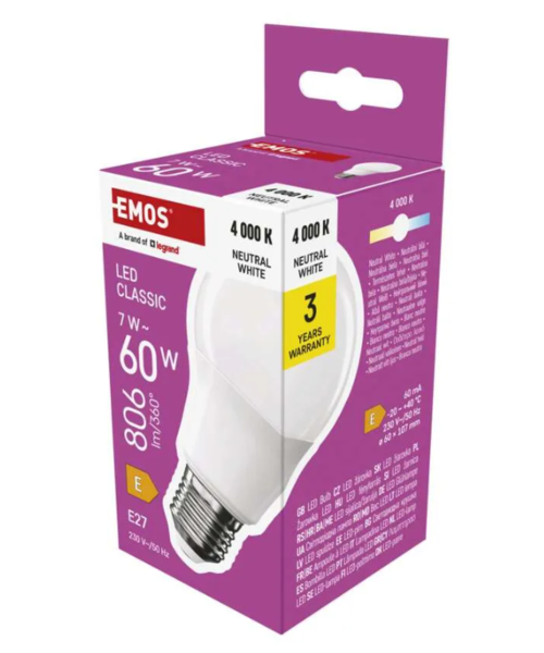 LED žárovka Classic A60 / E27 / 7 W (60 W) / 806 lm / neutrální bílá ZQ5E43 1