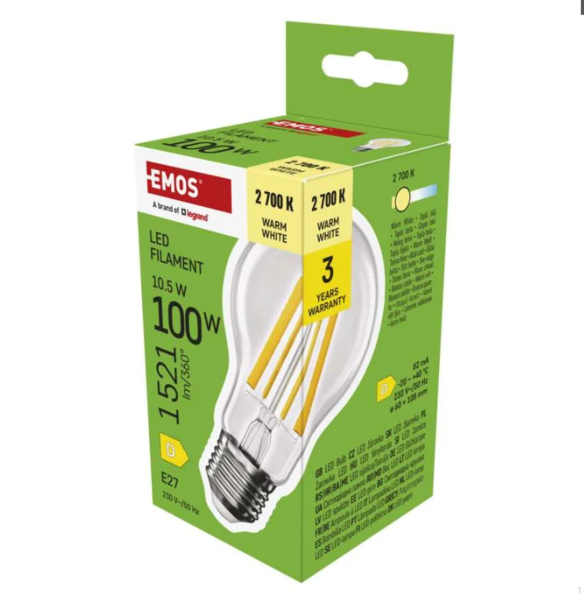 ZF5D62 LED žárovka Filament A60 E27 10,5W (100W) 1521lm teplá bílá 1