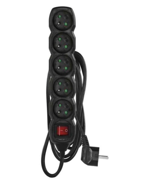 PC1513 Prodlužovací kabel 3m 5 zásuvek s vypínačem černý PVC 1