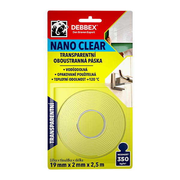 Páska oboustranná NANO CLEAR transparentní 19mm x 2mm x 2,5m, 3"core DEBBEX 1